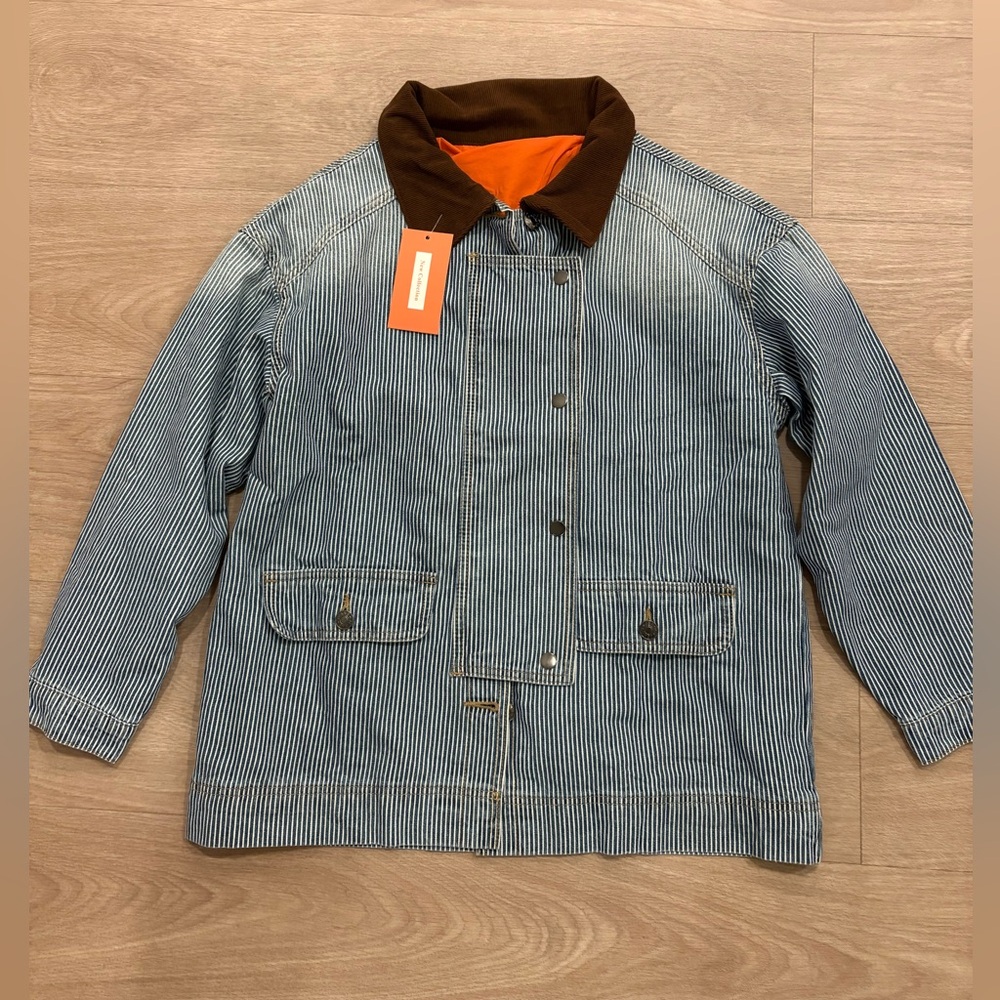 Blue Stripe Jacket with Brown Collar